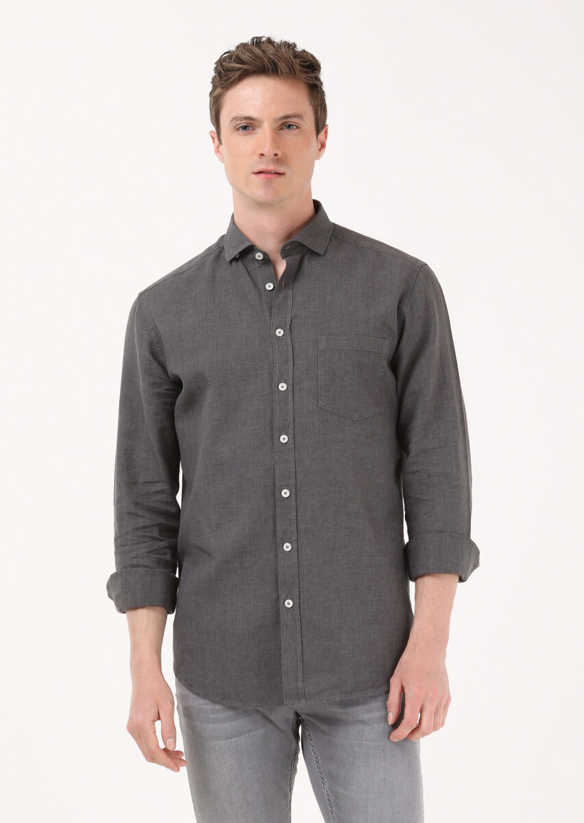 Hard Coal Regular Fit Long Weaving Casual Cotton Blended Shirt - 2