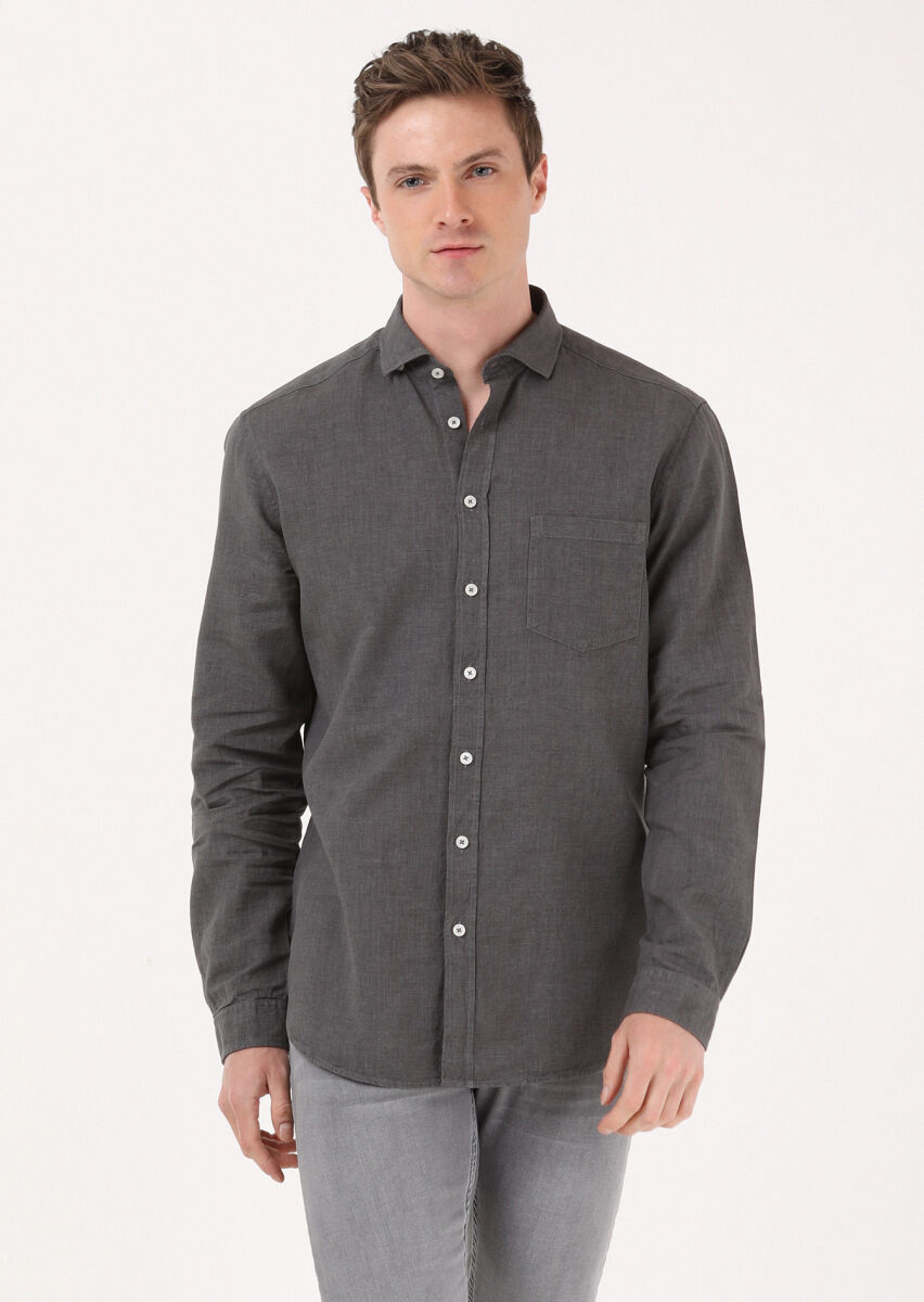 Hard Coal Regular Fit Long Weaving Casual Cotton Blended Shirt - 3