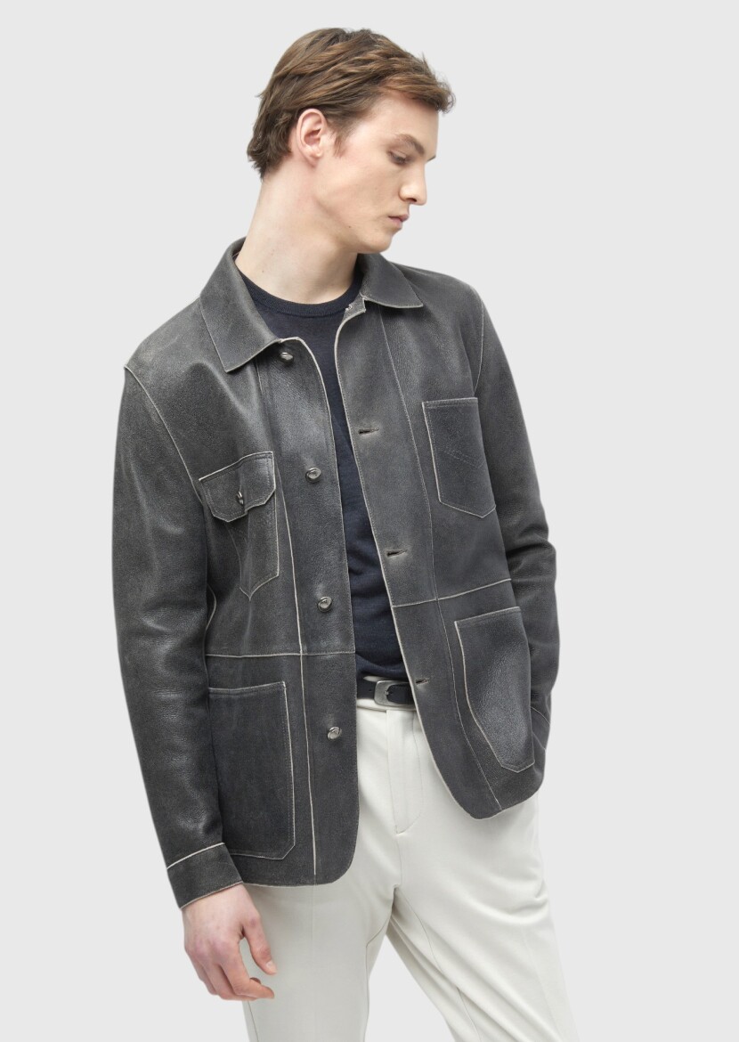 Hard Coal Regular Fit Shirt Collar Casual Leather Leather Coat - 4