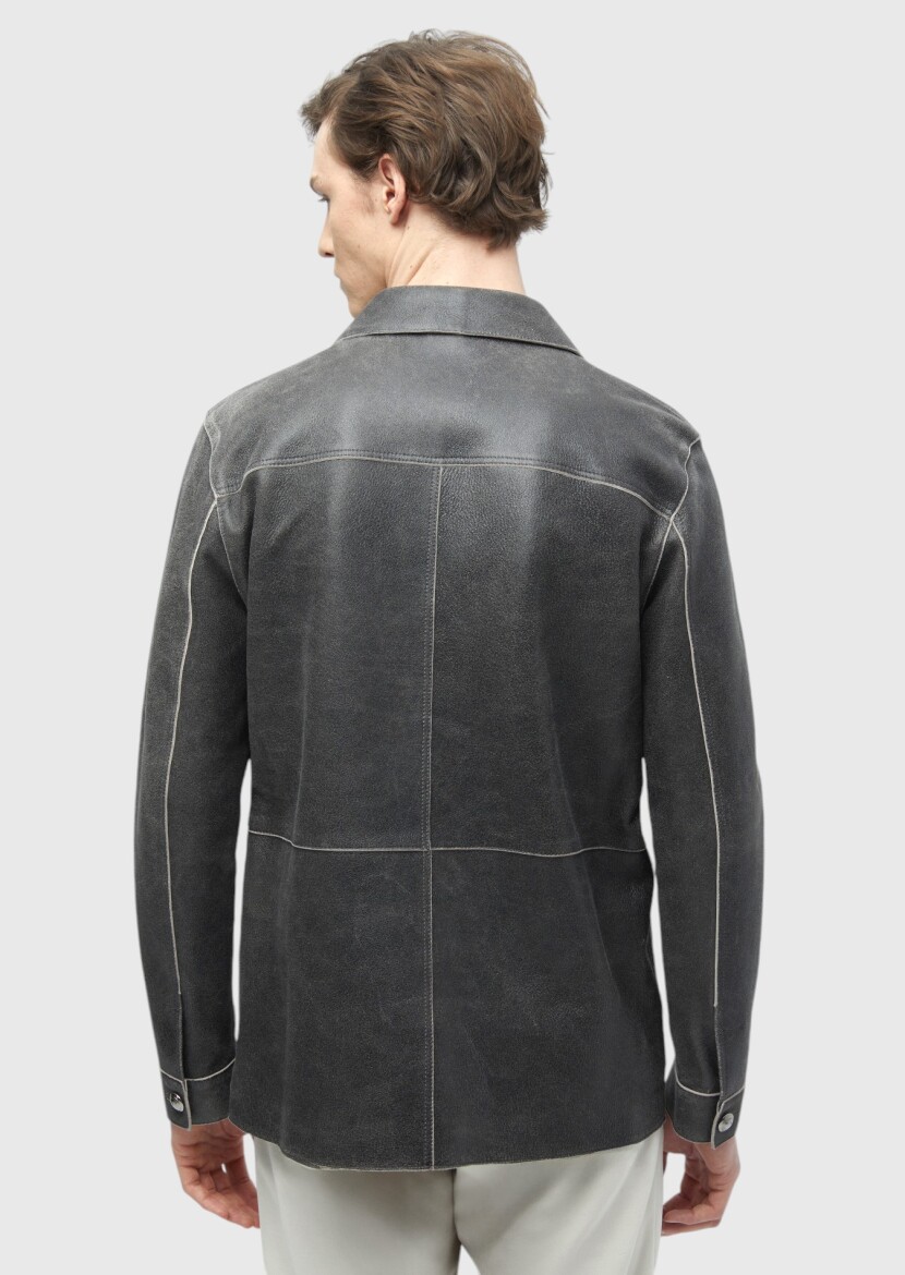 Hard Coal Regular Fit Shirt Collar Casual Leather Leather Coat - 8