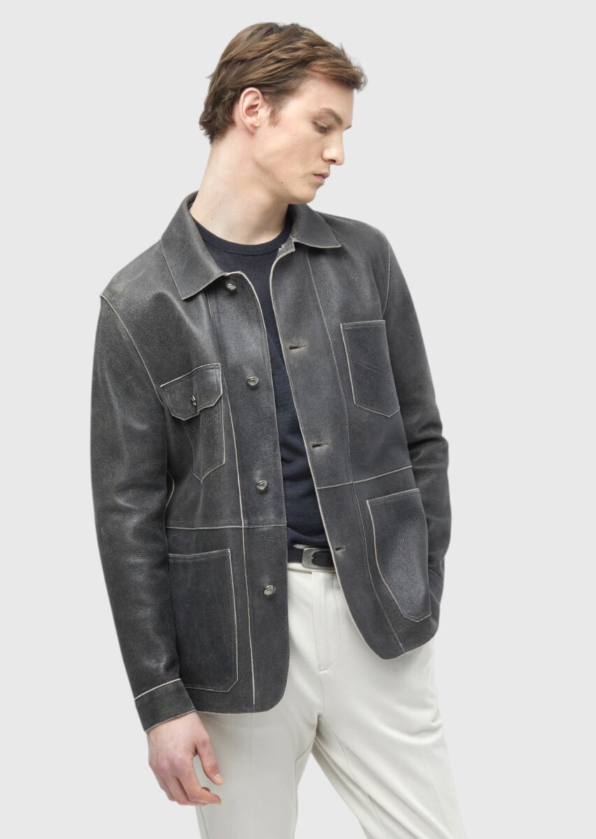 Hard Coal Regular Fit Shirt Collar Casual Leather Leather Coat - 4