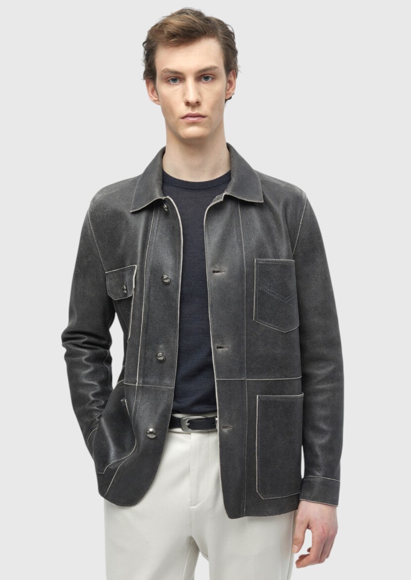 Hard Coal Regular Fit Shirt Collar Casual Leather Leather Coat - 5