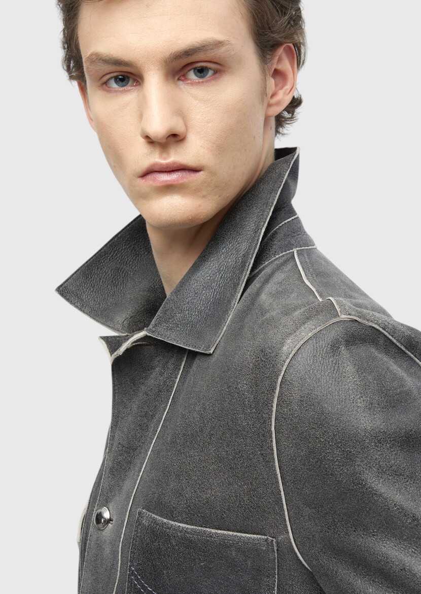 Hard Coal Regular Fit Shirt Collar Casual Leather Leather Coat - 7