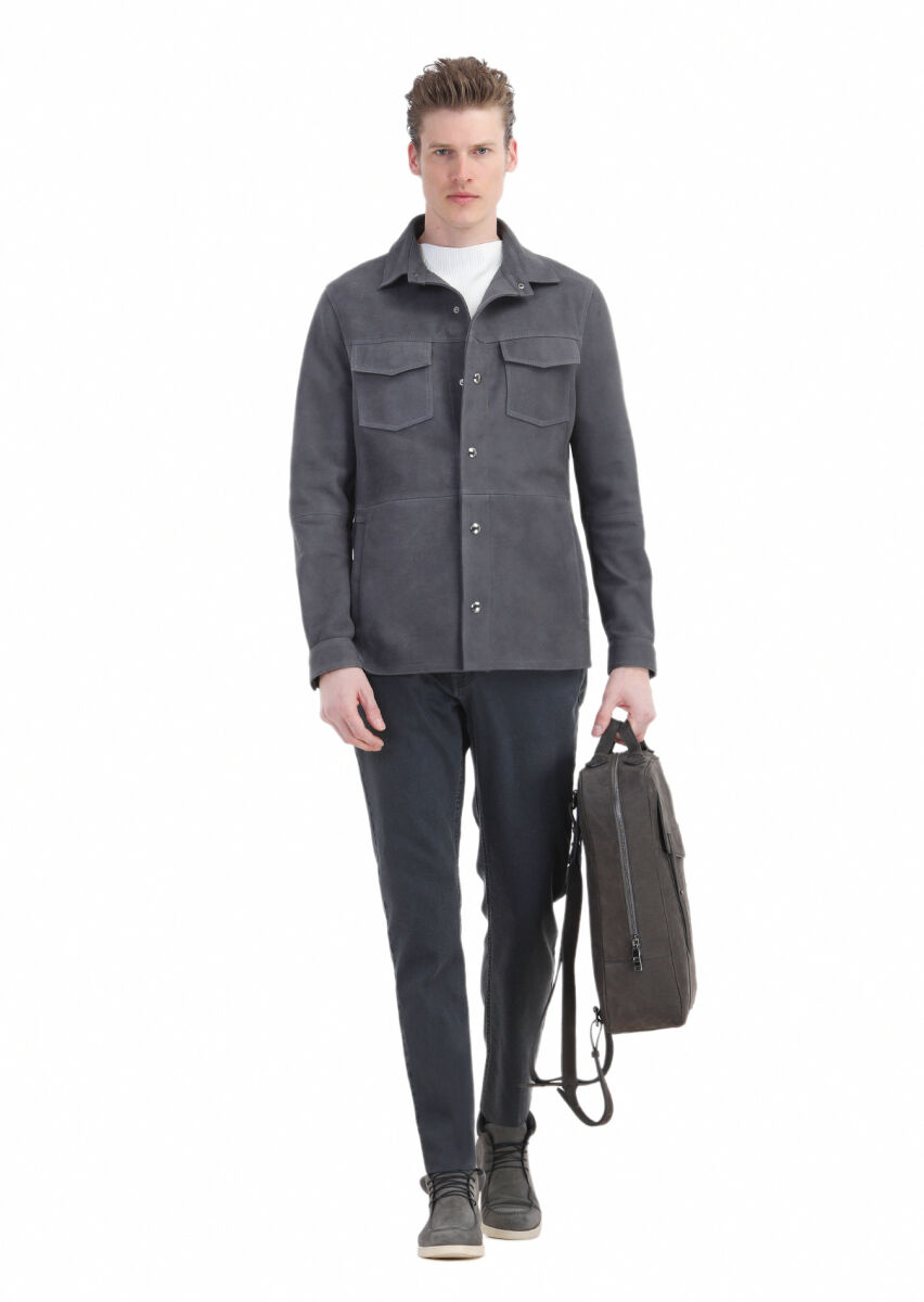 Hard Coal Regular Fit Shirt Collar Casual Suede Leather Coat - 4