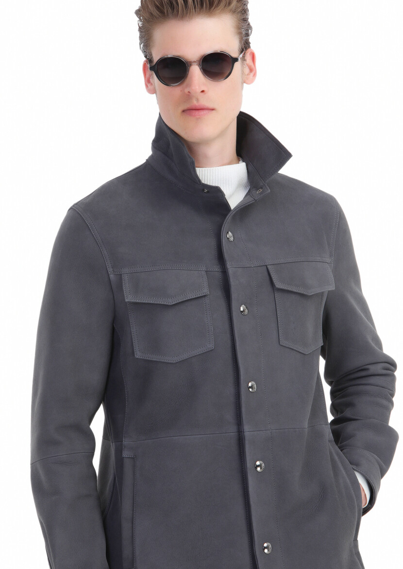 Hard Coal Regular Fit Shirt Collar Casual Suede Leather Coat - 6