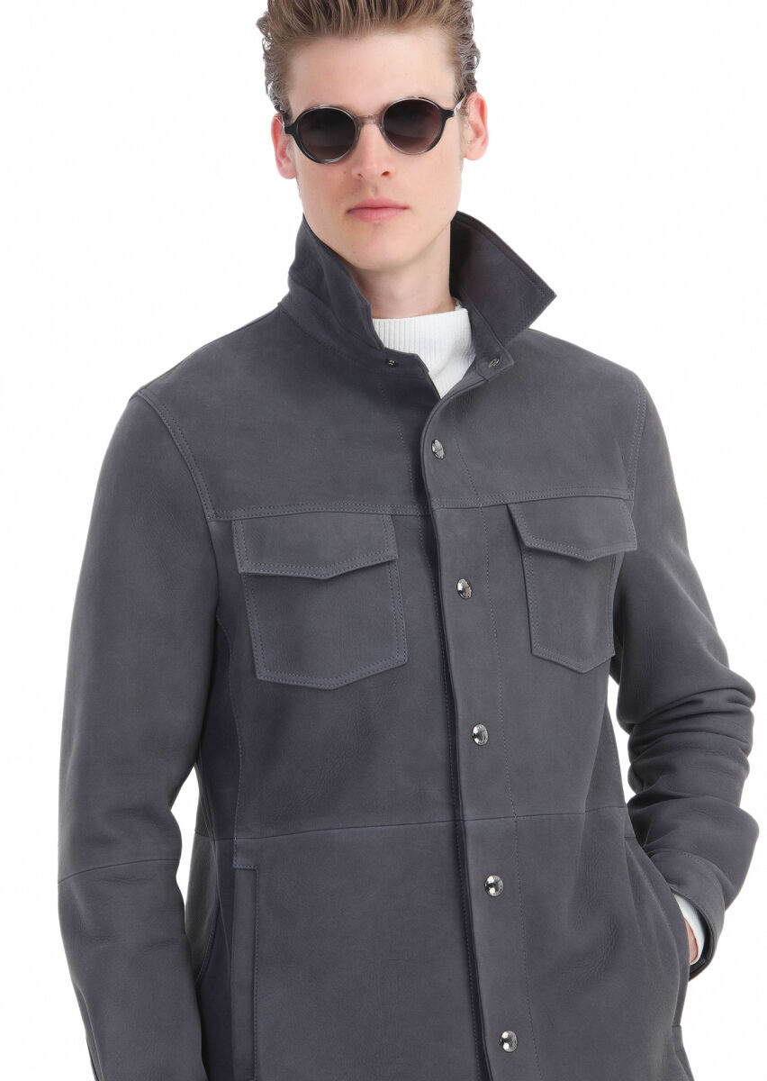 Hard Coal Regular Fit Shirt Collar Casual Suede Leather Coat - 6