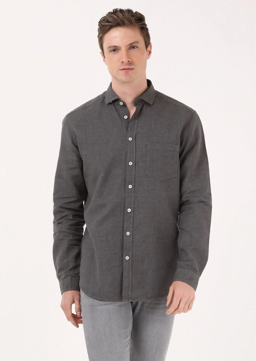 Hard Coal Regular Fit Weaving Casual Cotton Blended Shirt - 3