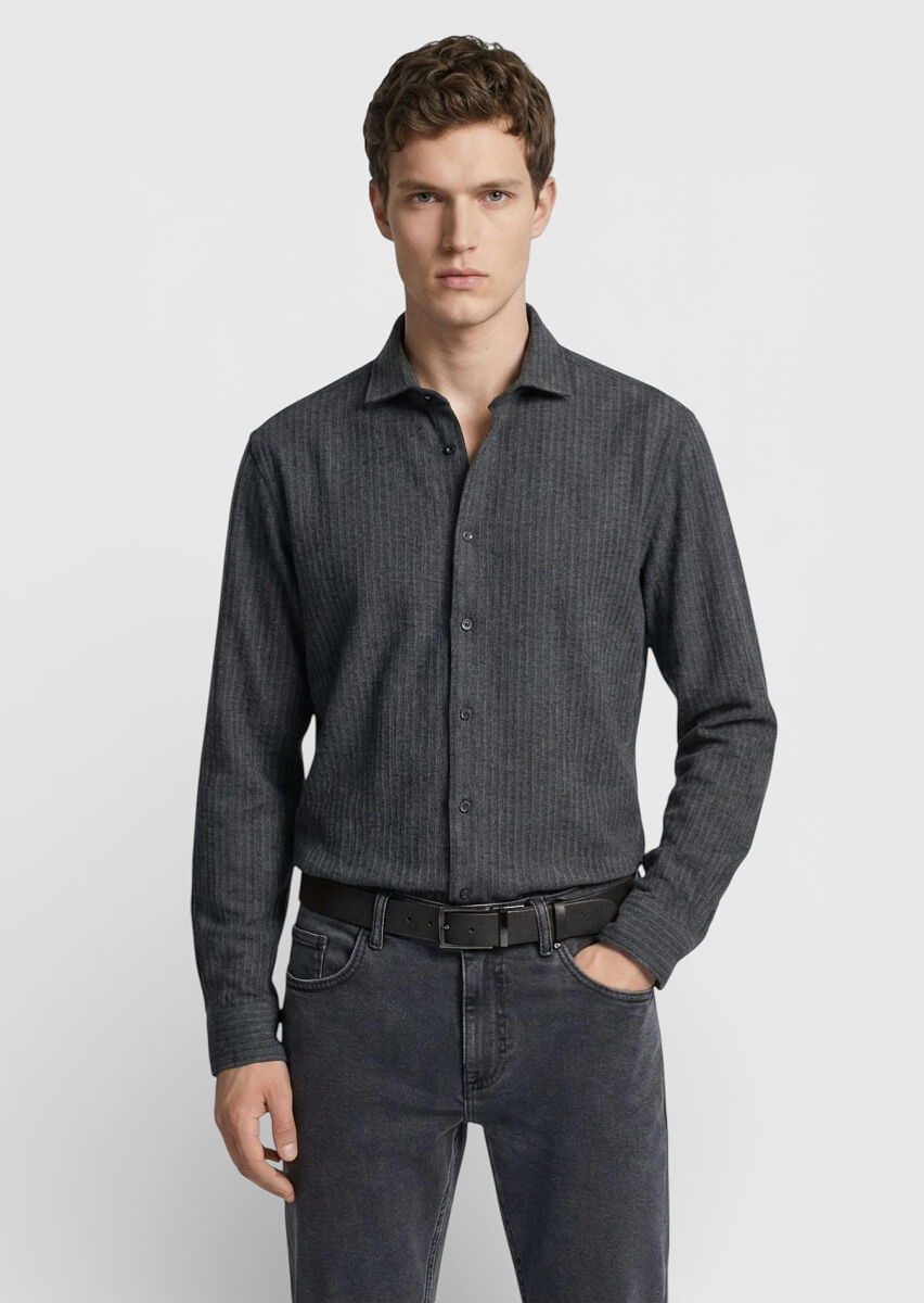 Hard Coal Striped Casual Fit Weaving Casual 100% Cotton Shirt - 1