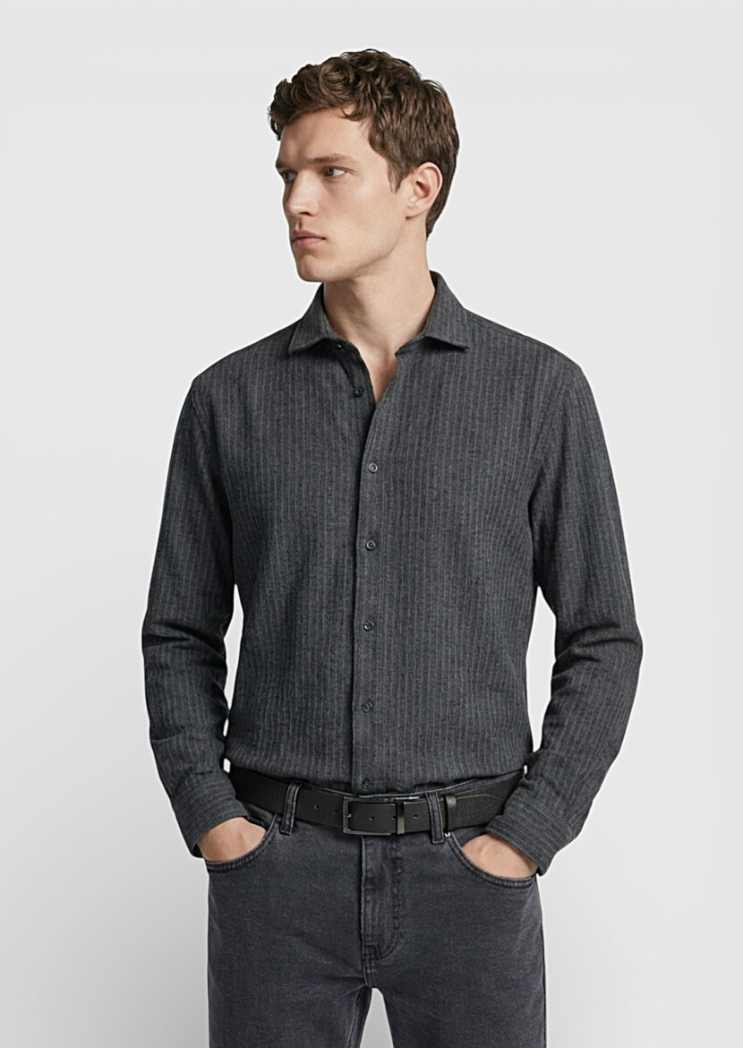 Hard Coal Striped Casual Fit Weaving Casual 100% Cotton Shirt - 3