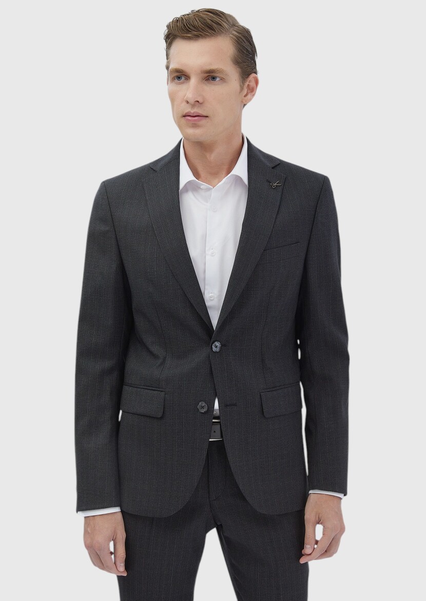 Hard Coal Striped Modern Fit 100% Wool Suit - 6