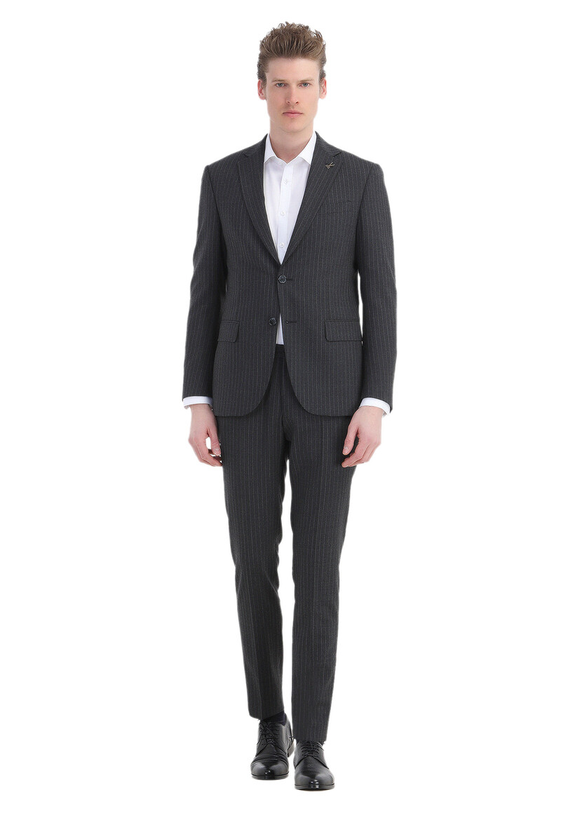 Hard Coal Striped Modern Fit Wool Blended Suit - 1