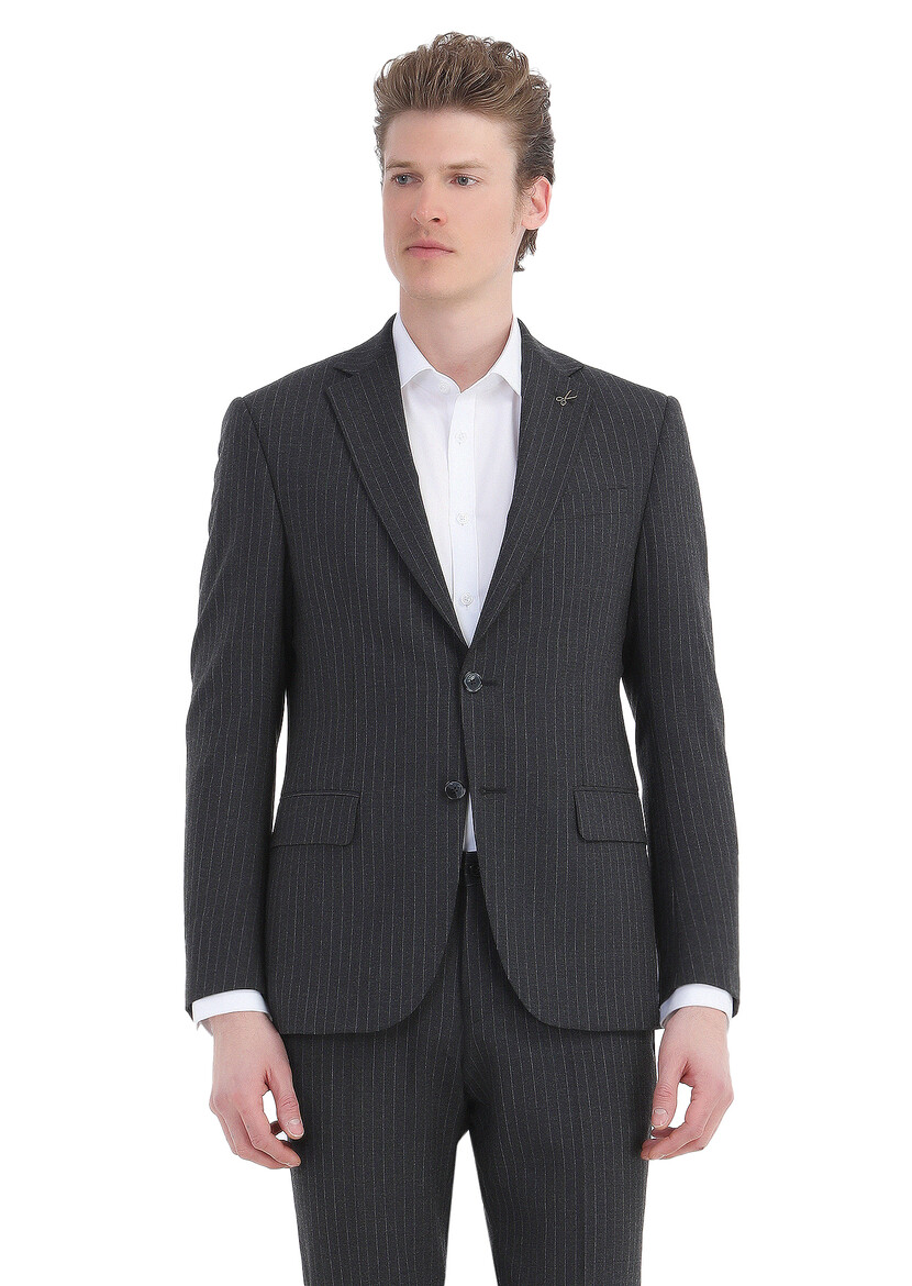 Hard Coal Striped Modern Fit Wool Blended Suit - 4