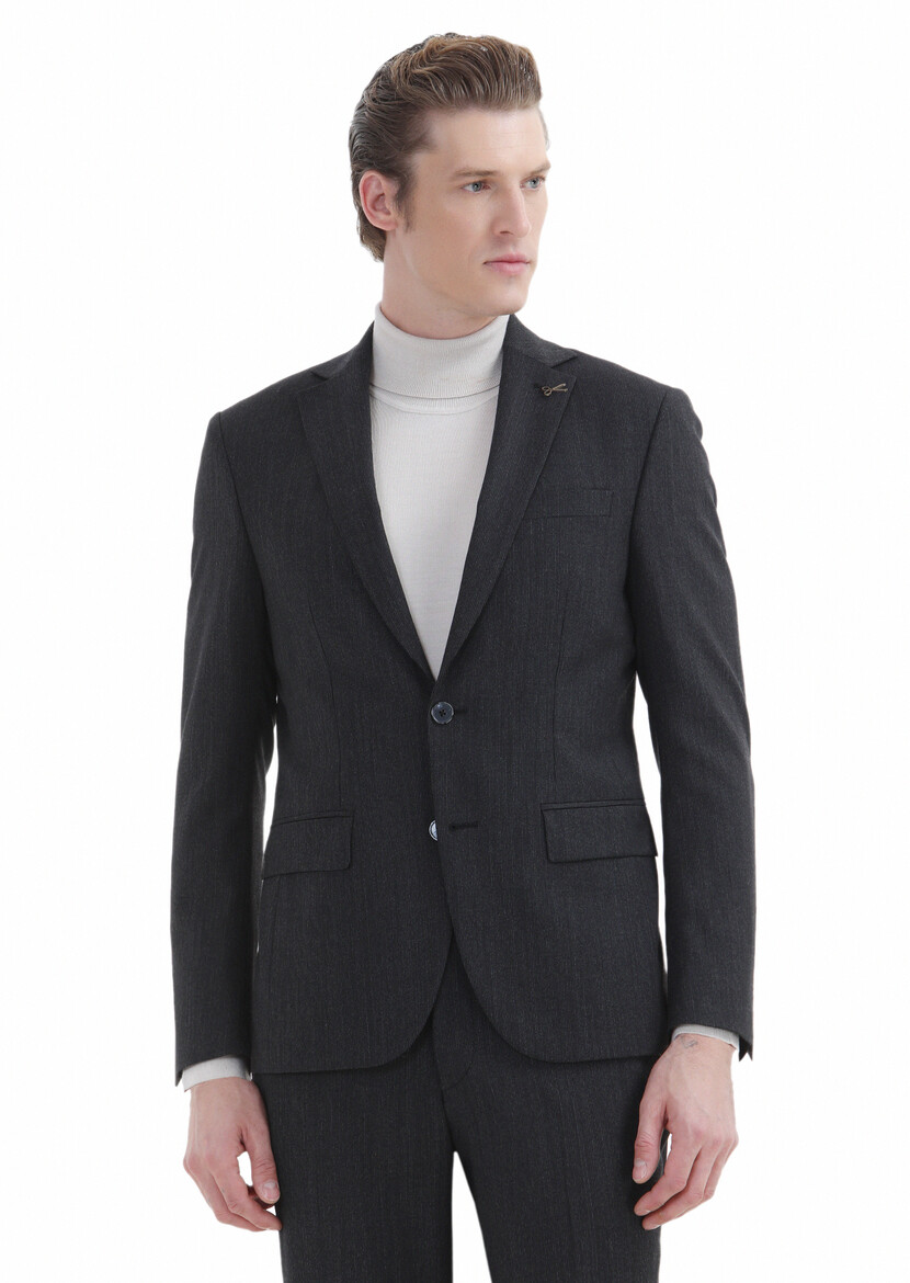 Hard Coal Striped Modern Fit Wool Blended Suit - 3