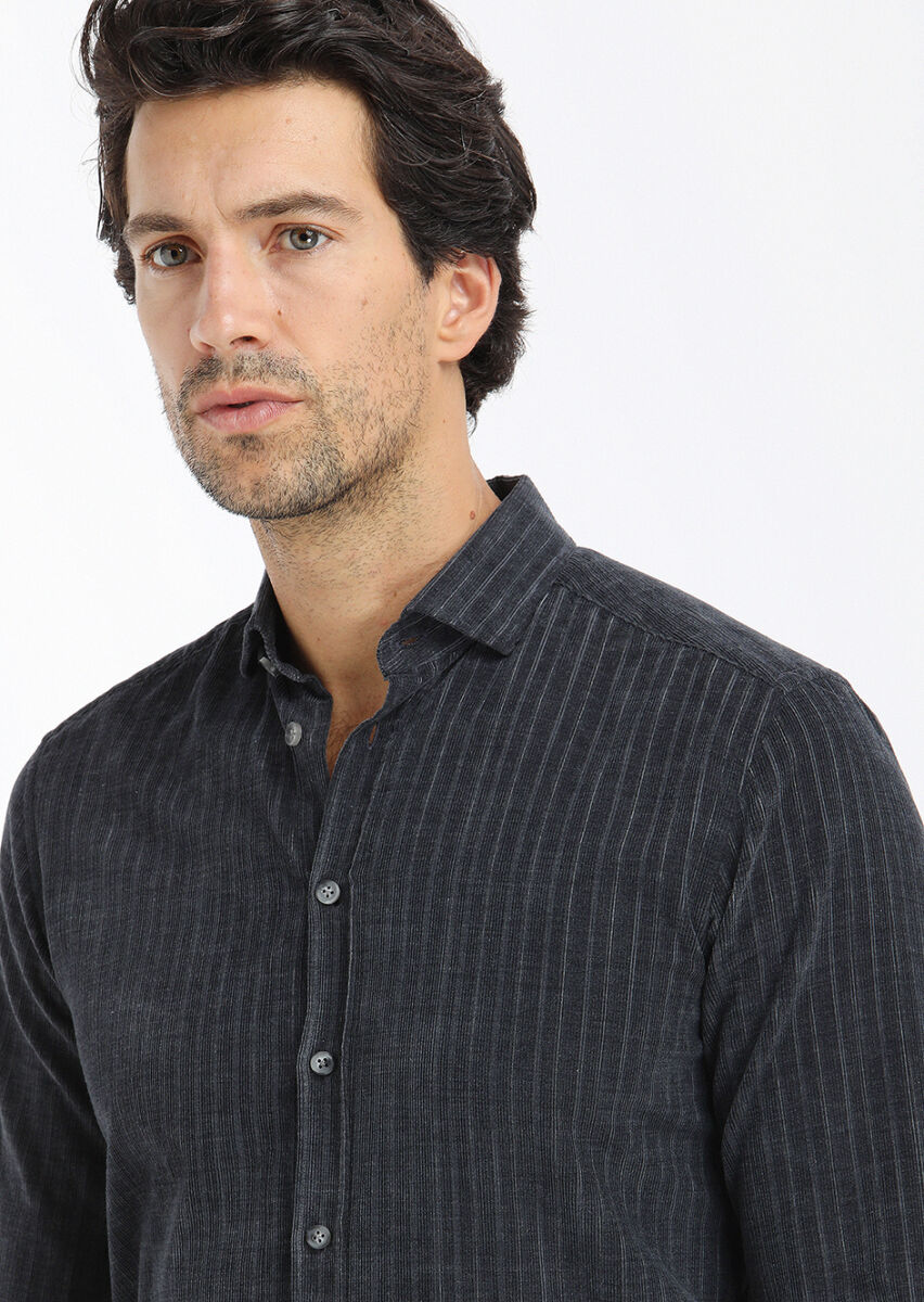 Hard Coal Striped Regular Fit Long Weaving Casual 100% Cotton Shirt - 2