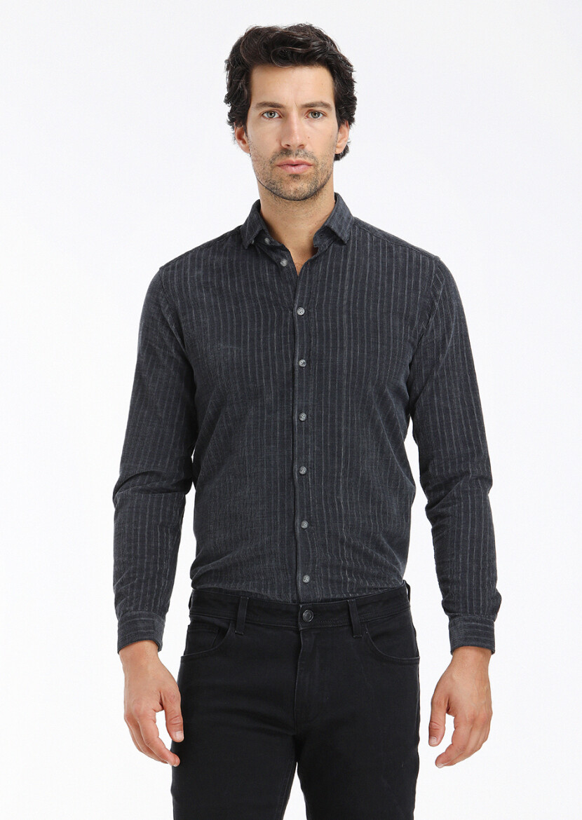 Hard Coal Striped Regular Fit Long Weaving Casual 100% Cotton Shirt - 3