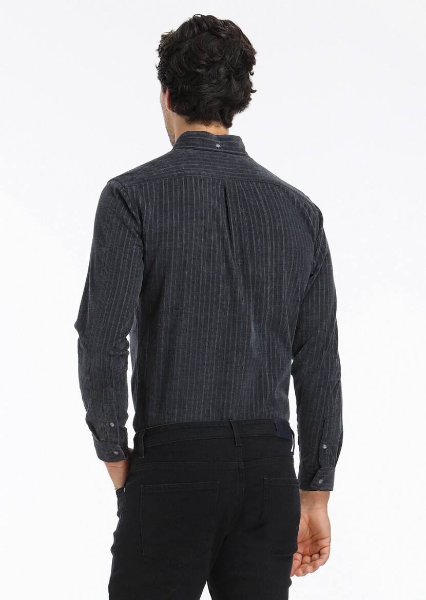 Hard Coal Striped Regular Fit Long Weaving Casual 100% Cotton Shirt - 4