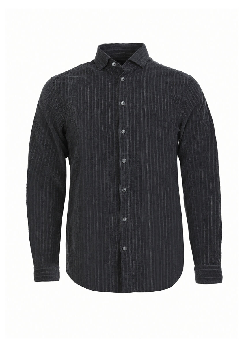Hard Coal Striped Regular Fit Long Weaving Casual 100% Cotton Shirt - 5