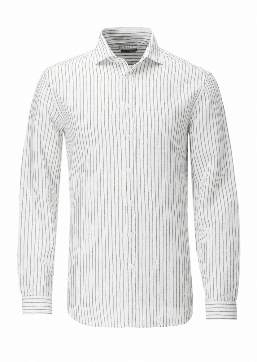 Hard Coal Striped Regular Fit Long Weaving Casual Cotton Blended Shirt 