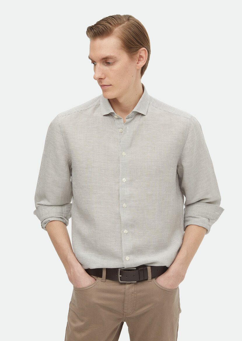 Hard Coal Striped Regular Fit Long Weaving Casual Linen Blended Shirt 