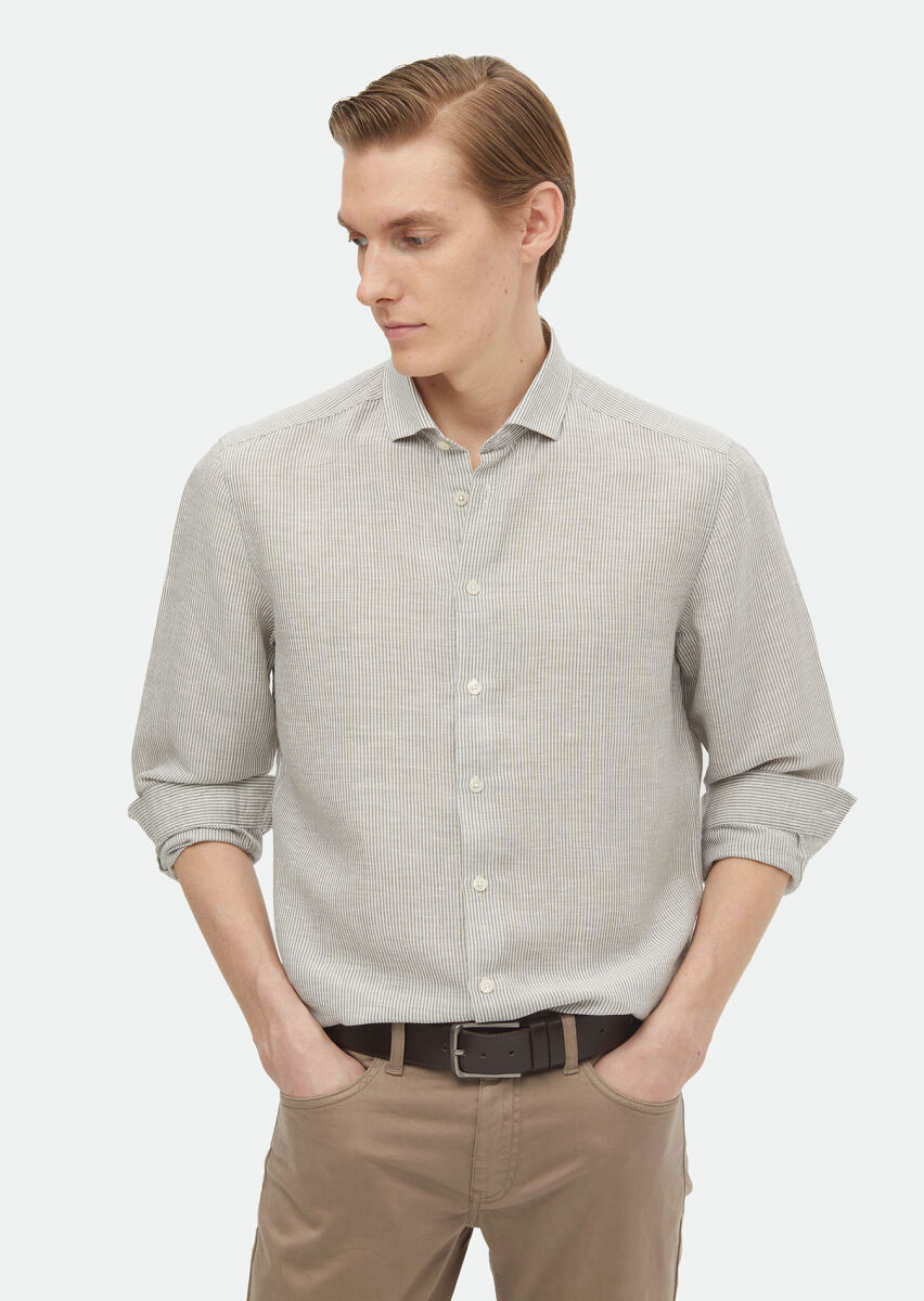 Hard Coal Striped Regular Fit Long Weaving Casual Linen Blended Shirt - 2