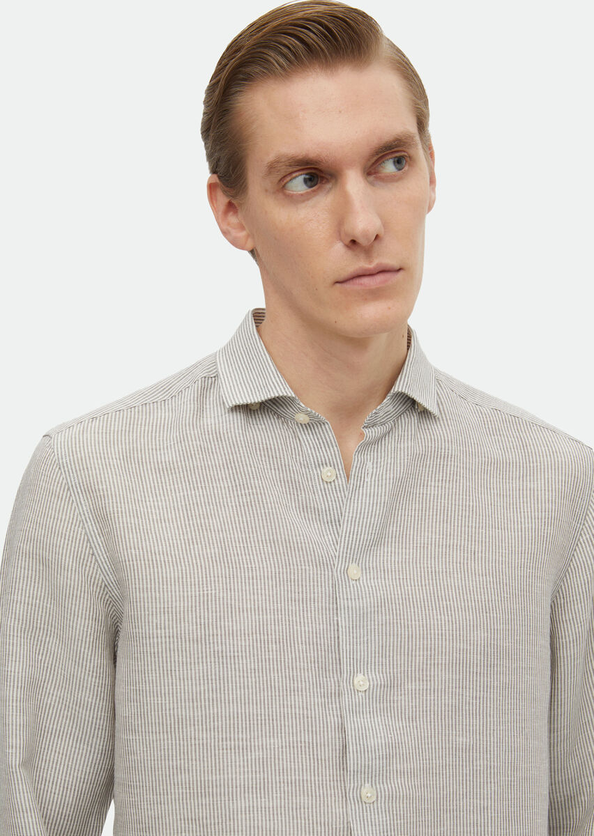 Hard Coal Striped Regular Fit Long Weaving Casual Linen Blended Shirt - 5