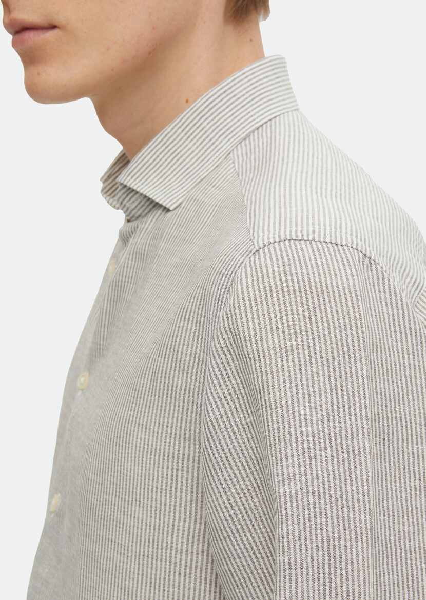 Hard Coal Striped Regular Fit Long Weaving Casual Linen Blended Shirt - 6