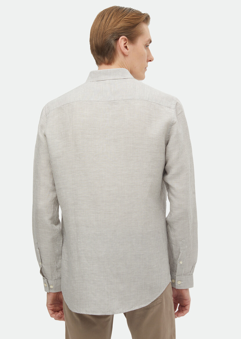 Hard Coal Striped Regular Fit Long Weaving Casual Linen Blended Shirt - 7