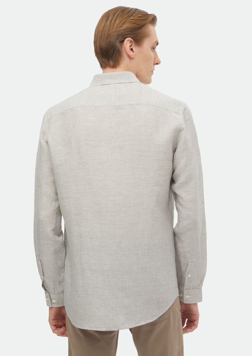 Hard Coal Striped Regular Fit Long Weaving Casual Linen Blended Shirt - 7