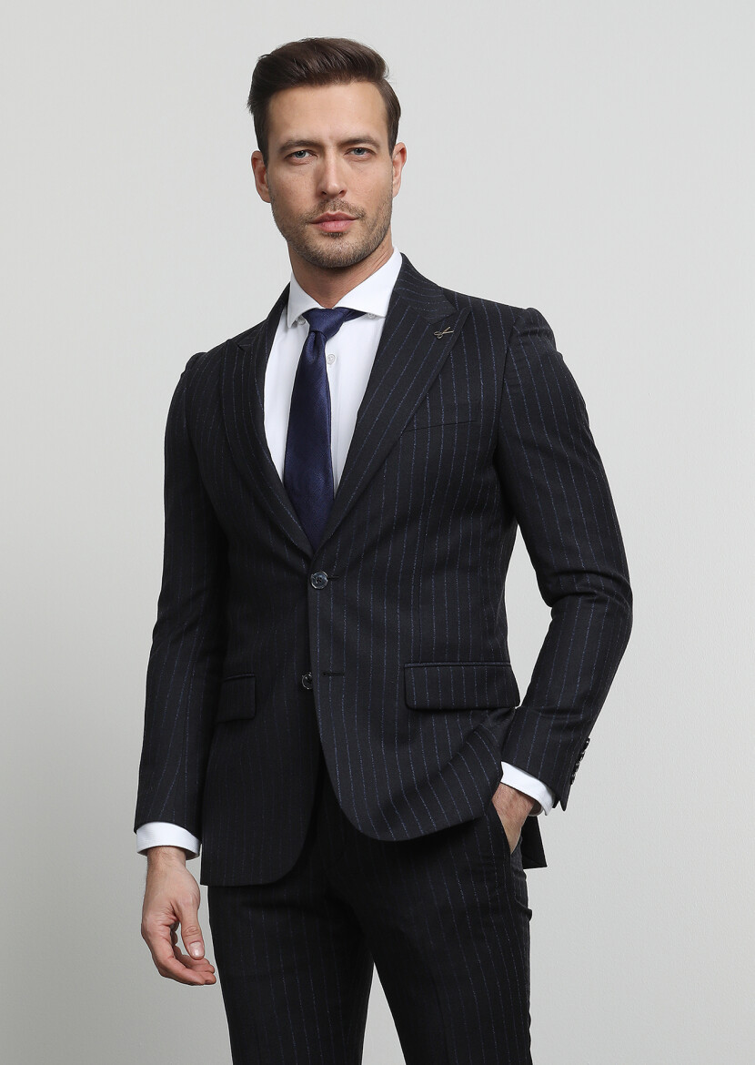Hard Coal Striped Thin&Taller Slim Fit 100% Wool Suit - 1