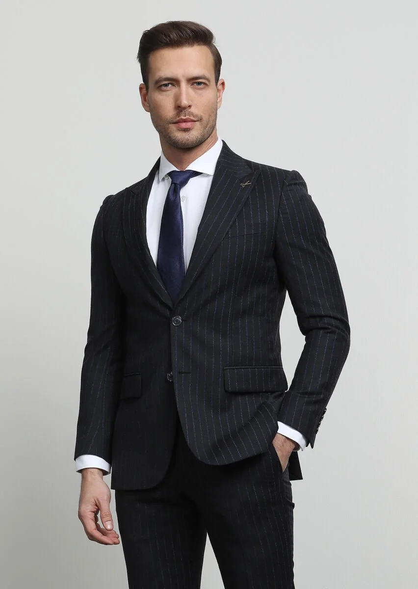 Hard Coal Striped Thin&Taller Slim Fit 100% Wool Suit - 1