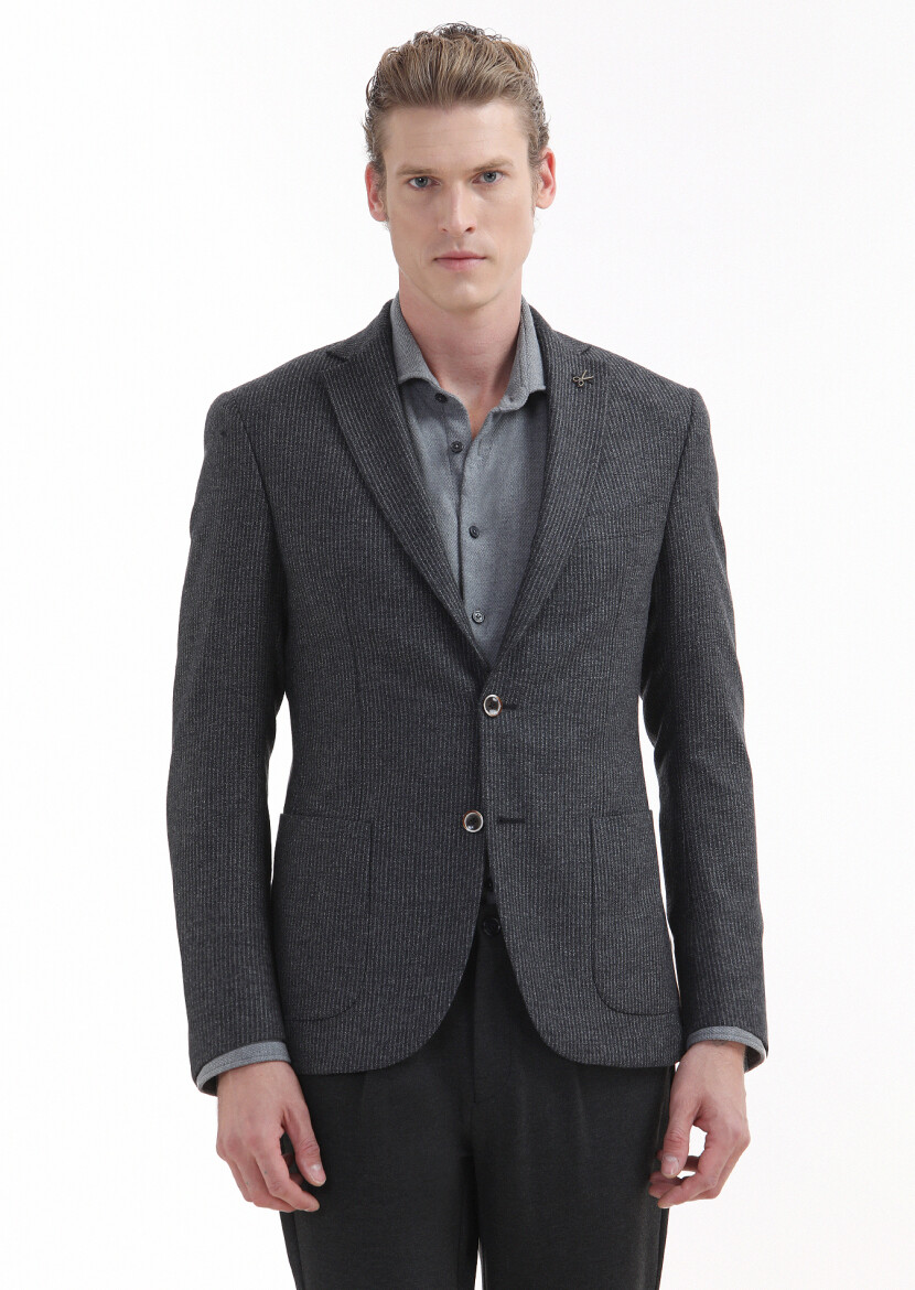 Hard Coal Striped Zeroweight Slim Fit 100% Wool Jacket - 1