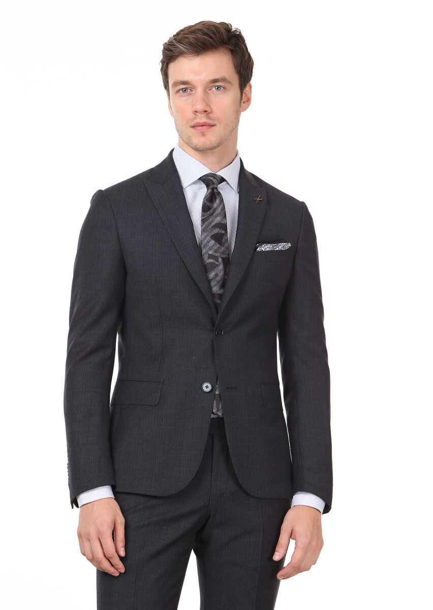 Hard Coal Striped Zeroweight Slim Fit 100% Wool Suit - 1