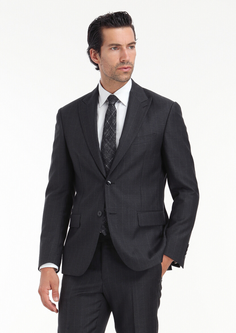 Hard Coal Striped Zeroweight Slim Fit 100% Wool Suit 