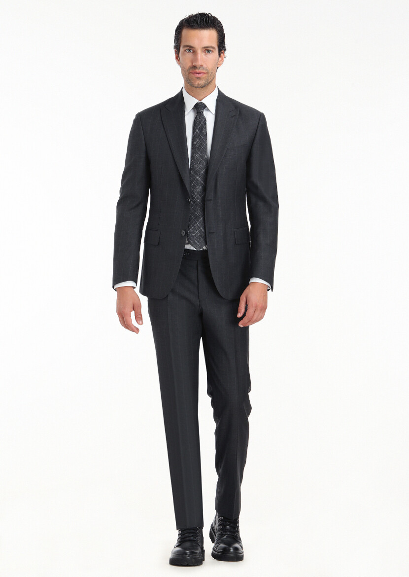 Hard Coal Striped Zeroweight Slim Fit 100% Wool Suit 