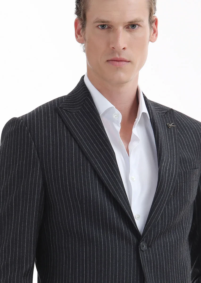 Hard Coal Striped Zeroweight Slim Fit 100% Wool Suit - 2