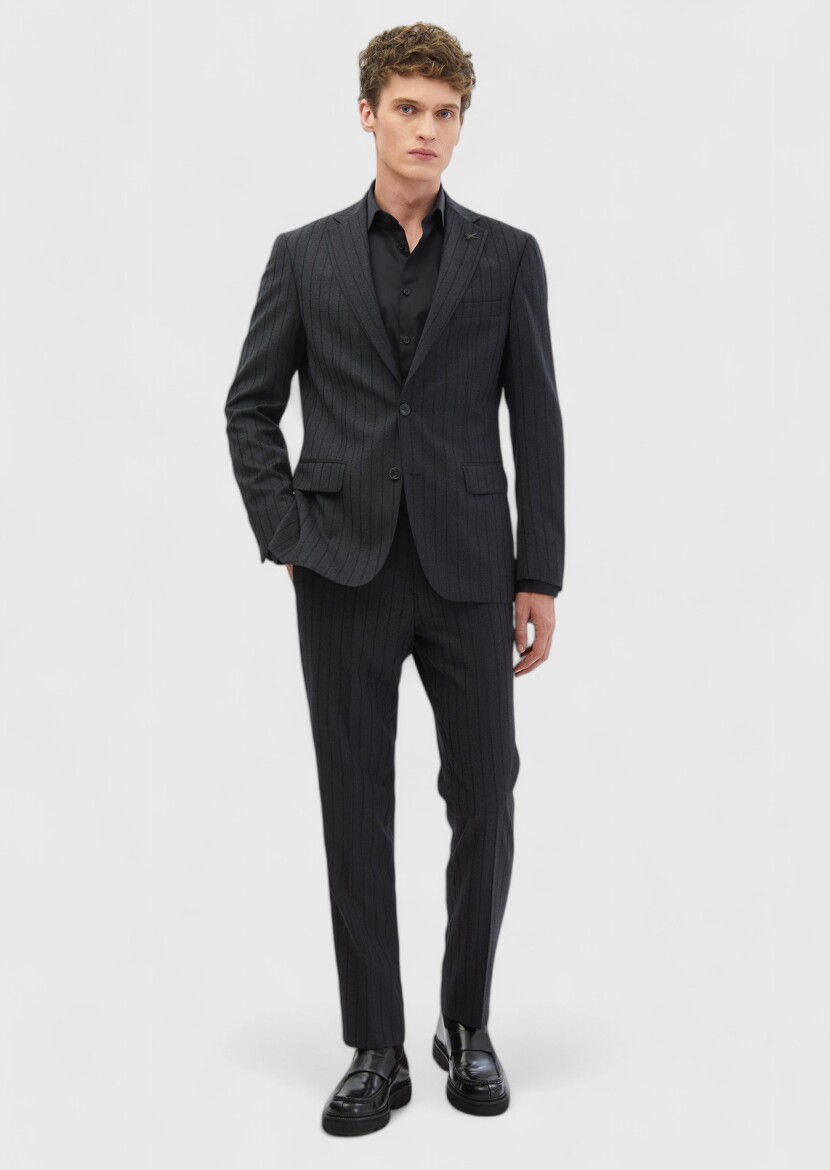 Hard Coal Striped Zeroweight Slim Fit 100% Wool Suit - 2