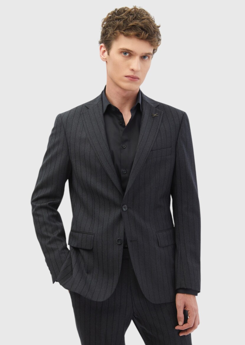 Hard Coal Striped Zeroweight Slim Fit 100% Wool Suit - 3