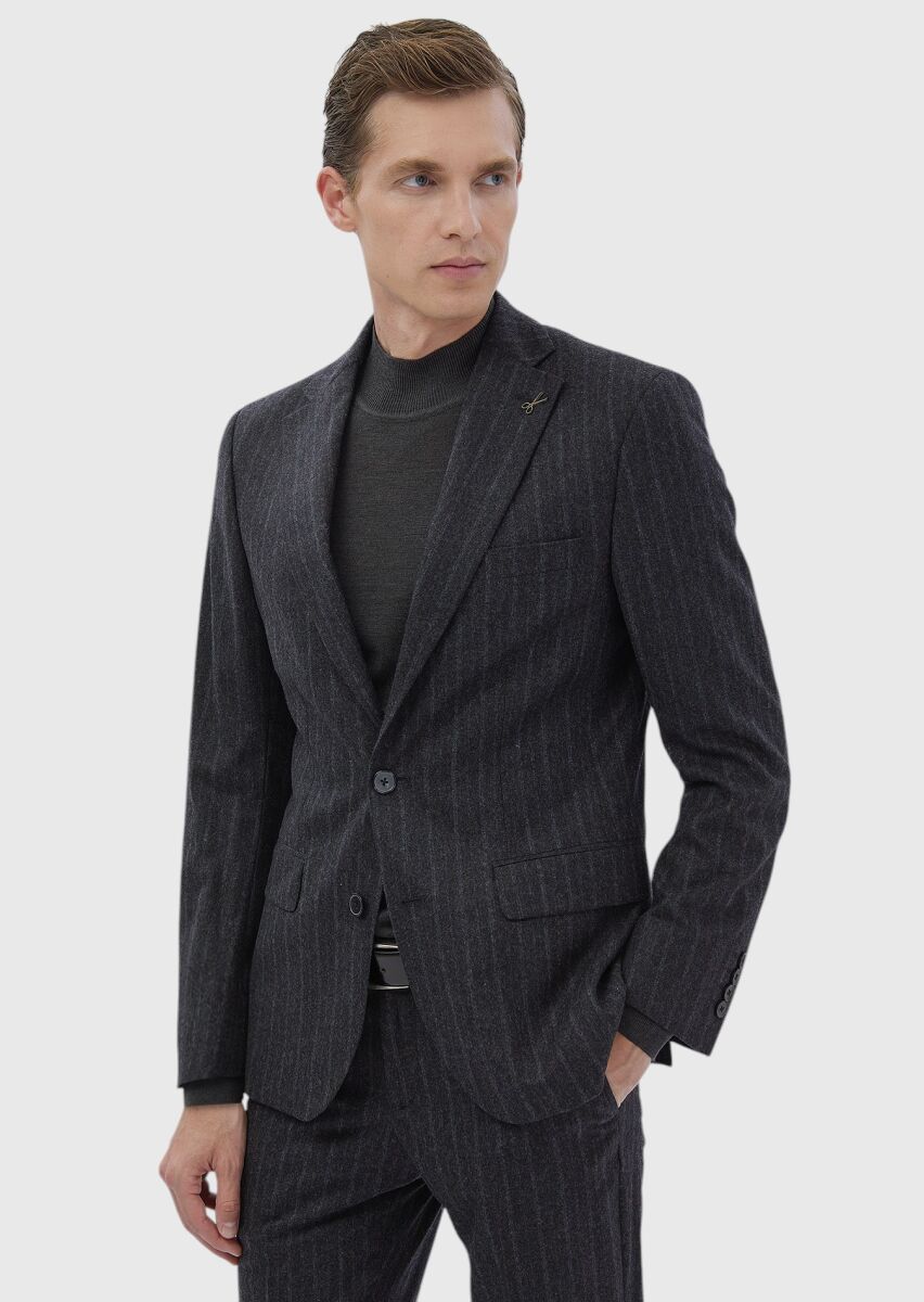 Hard Coal Striped Zeroweight Slim Fit Wool Blended Suit - 1