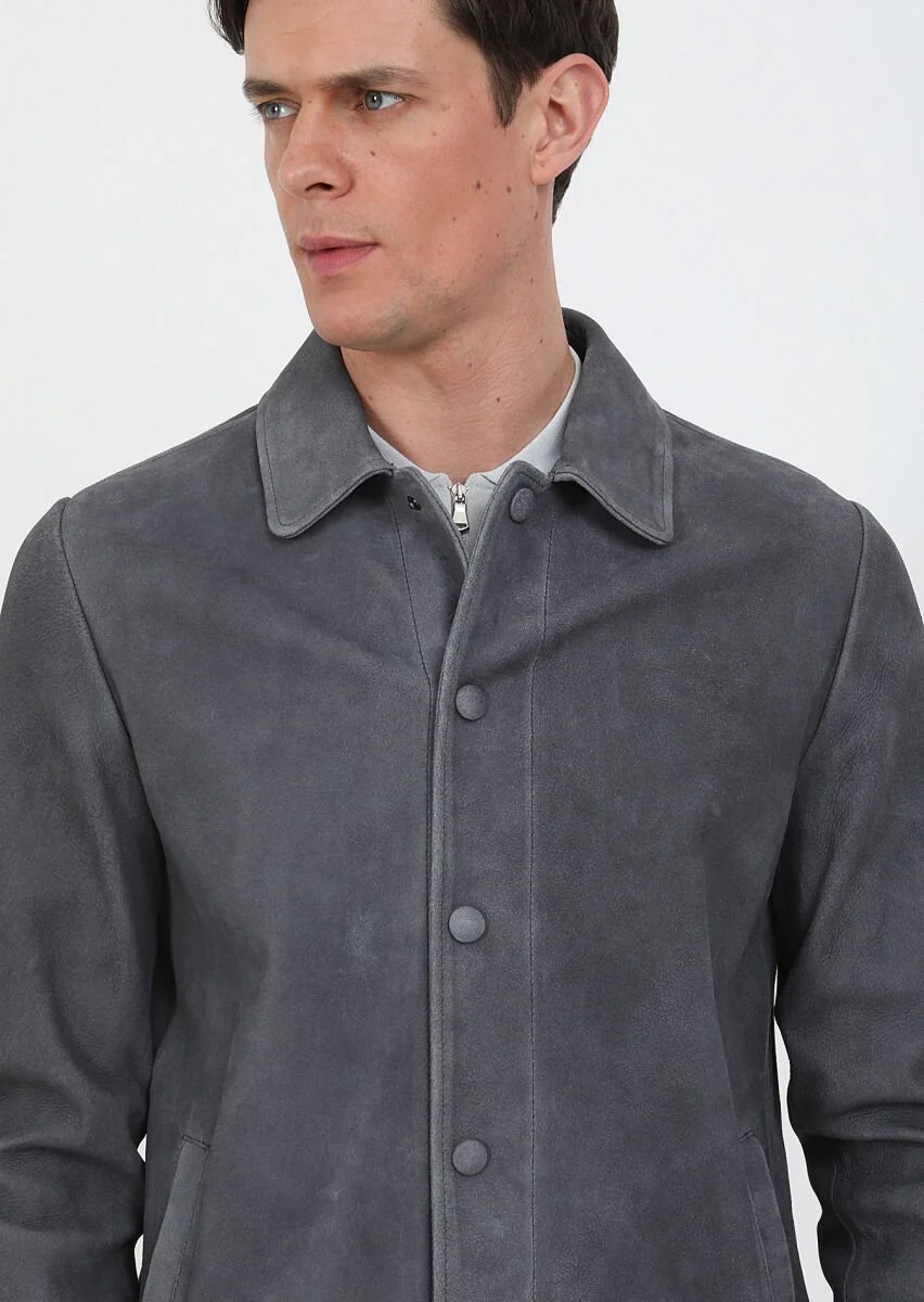 Hard Coal Suede Leather Coat - 5
