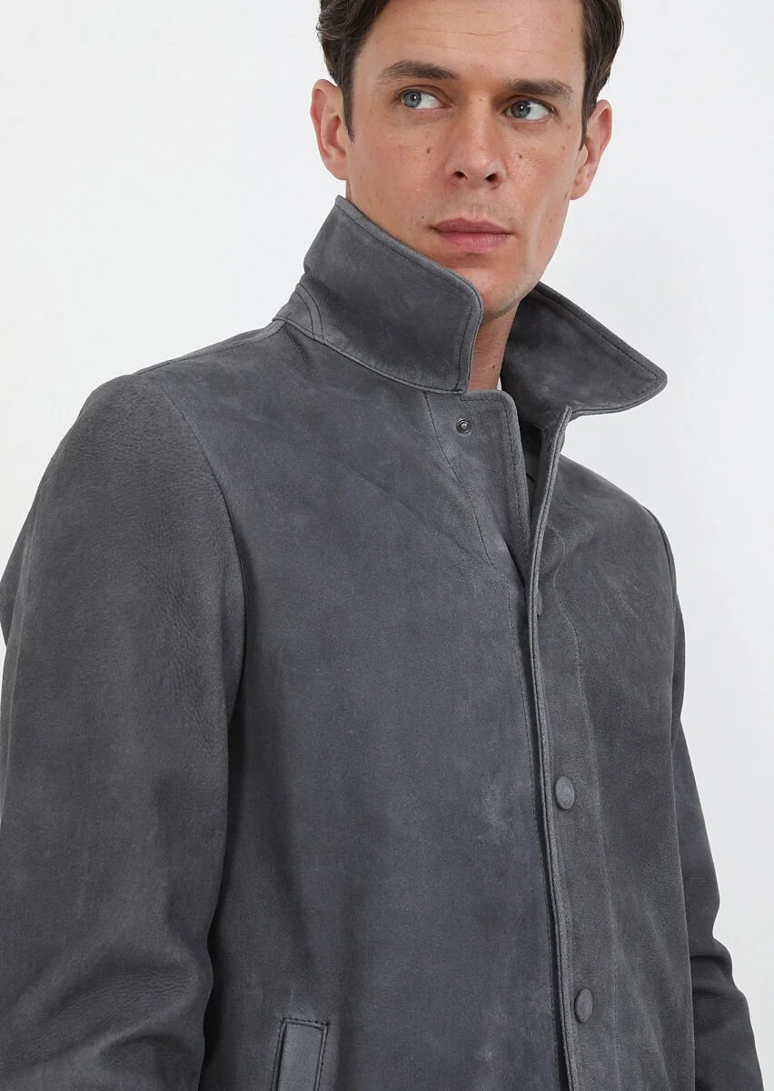 Hard Coal Suede Leather Coat - 6