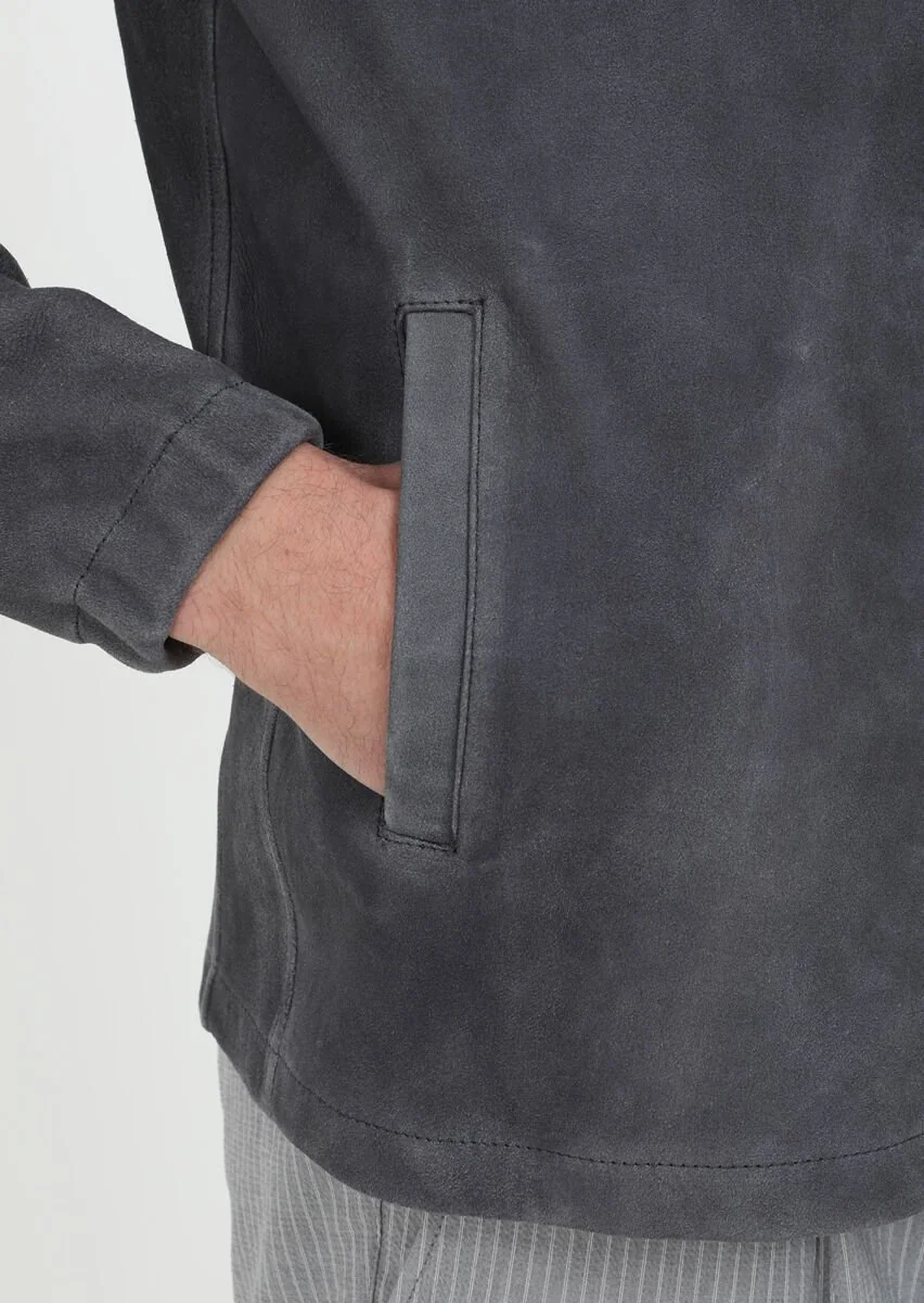 Hard Coal Suede Leather Coat - 7
