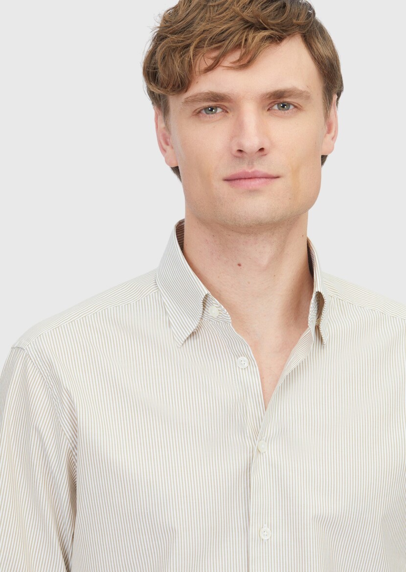 Hardal Çizgili Casual Fit Dokuma Casual %100 Pamuk Gömlek - 3