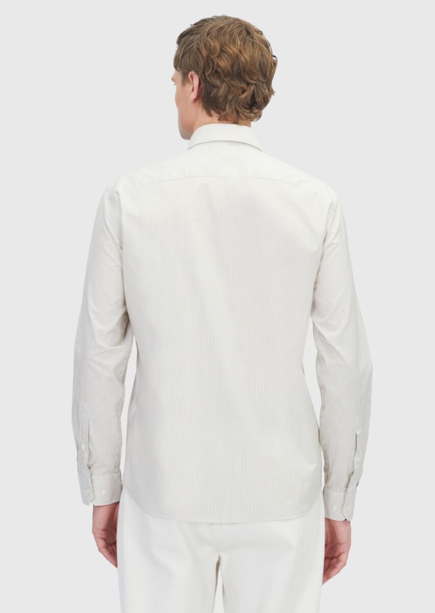 Hardal Çizgili Casual Fit Dokuma Casual %100 Pamuk Gömlek - 6