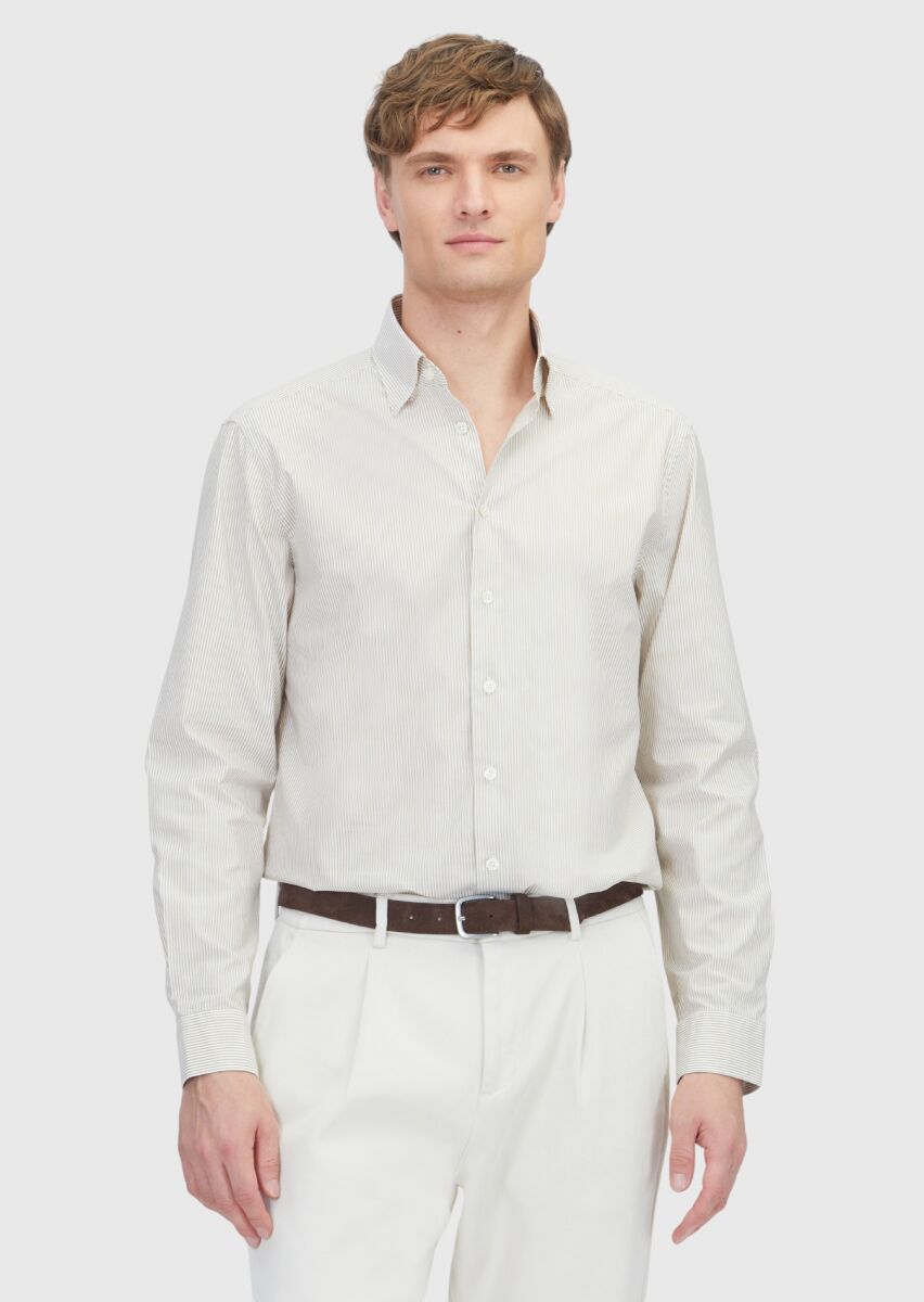 Hardal Çizgili Casual Fit Uzun Dokuma Casual %100 Pamuk Gömlek - 1