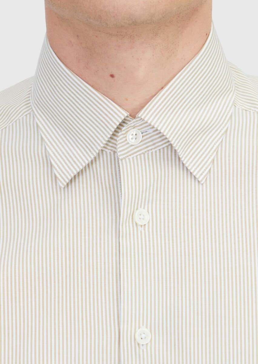 Hardal Çizgili Casual Fit Uzun Dokuma Casual %100 Pamuk Gömlek - 5