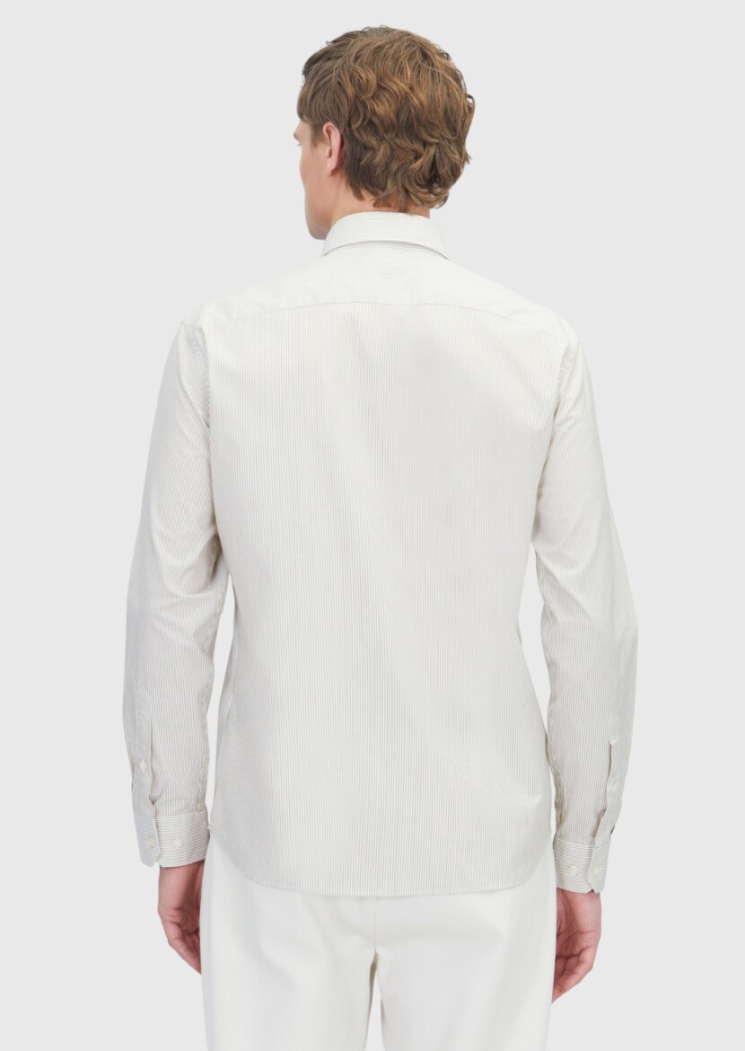 Hardal Çizgili Casual Fit Uzun Dokuma Casual %100 Pamuk Gömlek - 6