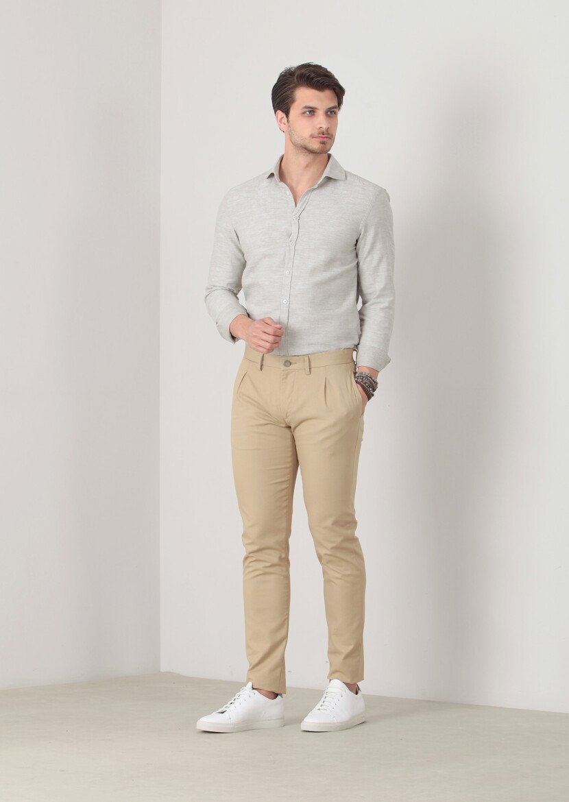Hardal Düz Dokuma Slim Fit Casual Pamuk Karışımlı Pantolon - 1
