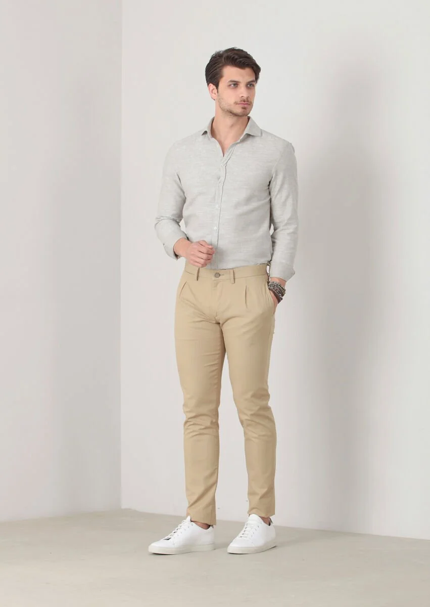 Hardal Düz Dokuma Slim Fit Casual Pamuk Karışımlı Pantolon - 1