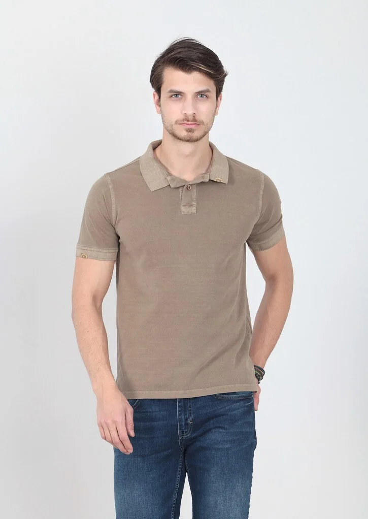 Hardal Düz Polo Yaka %100 Pamuk T-Shirt - 3