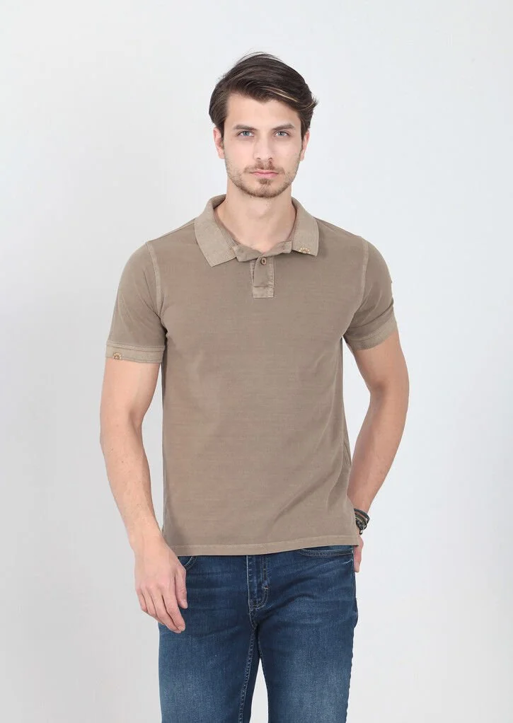 Hardal Düz Polo Yaka %100 Pamuk T-Shirt - 3
